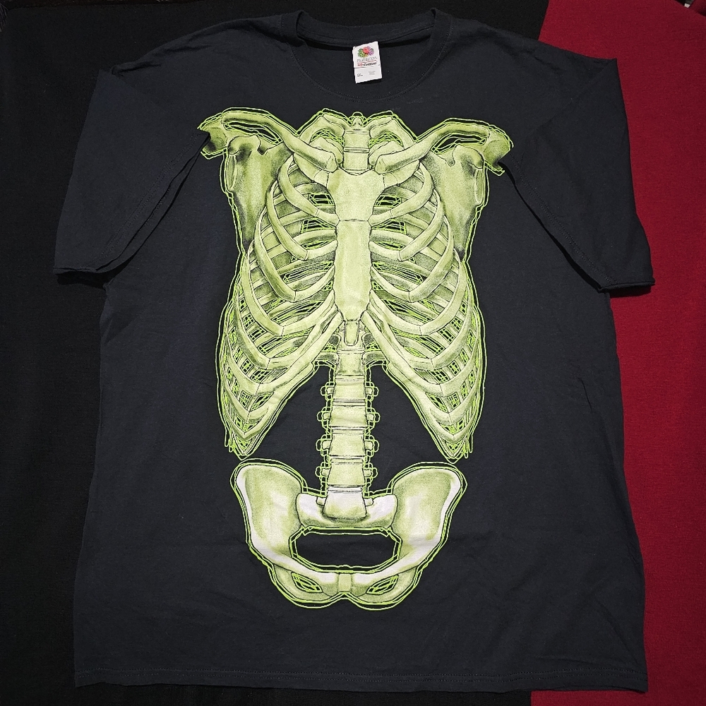 Fruit Of The Loom Vintage Halloween Shirt Sz 2XL Black Glow In The Dark Skeleton